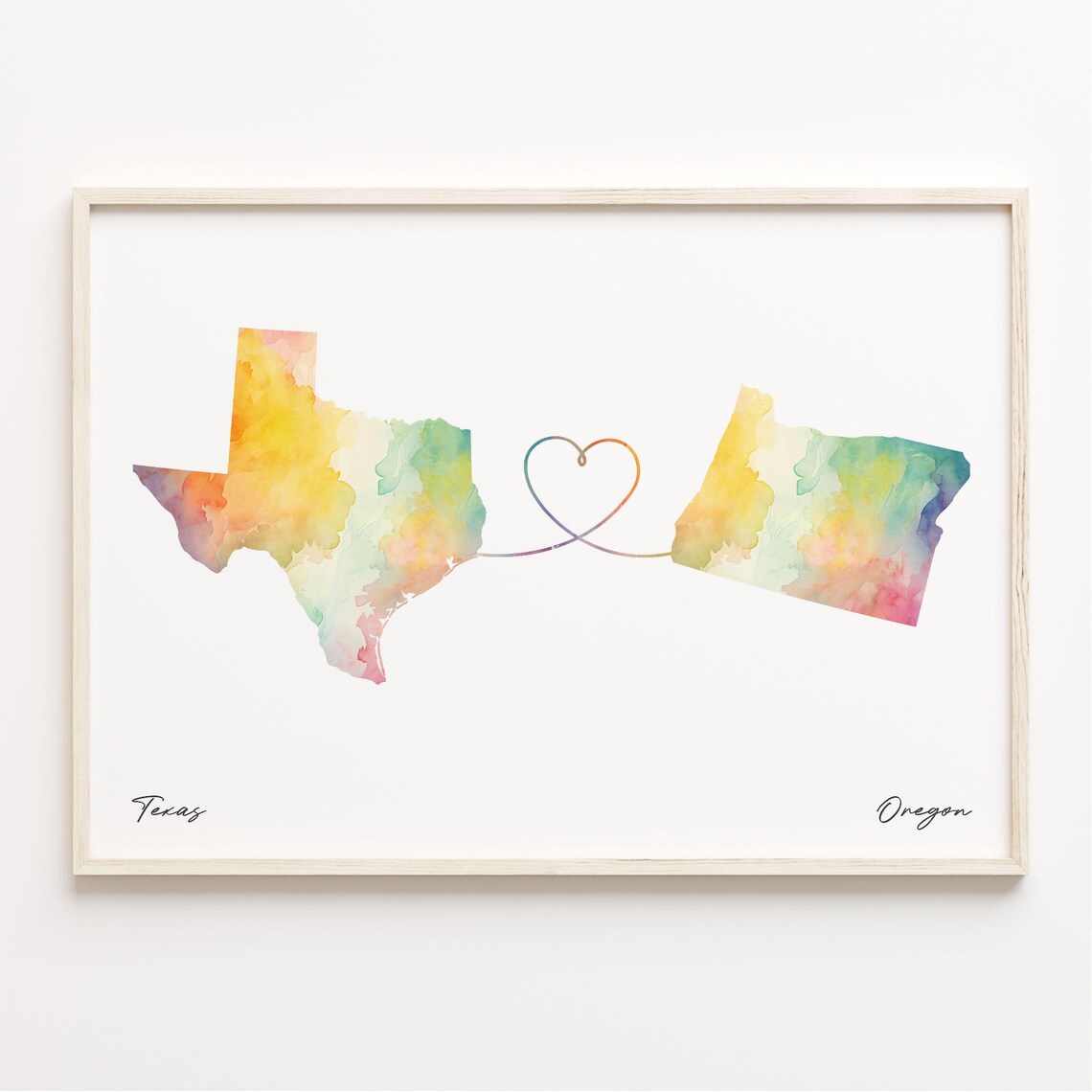 Texas To Oregon Watercolor Maps Joined By Heart Line Art Print