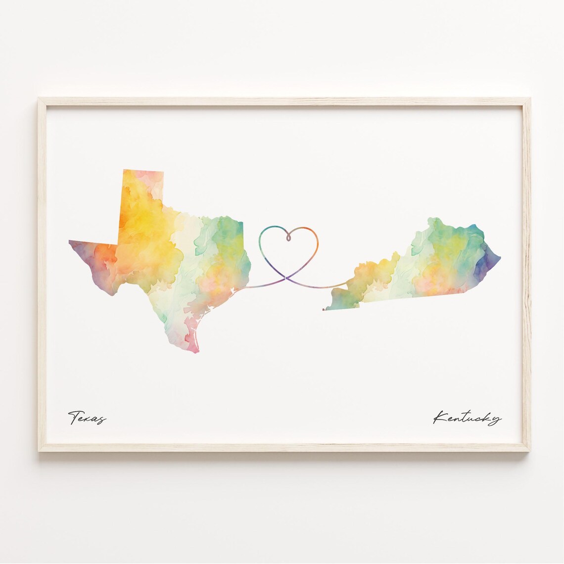 Texas To Kentucky Long Distance Watercolor Map Heart Art Print