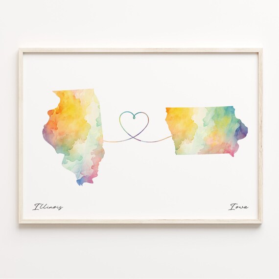 Illinois To Iowa Watercolor State Map Heart Connection Art Poster