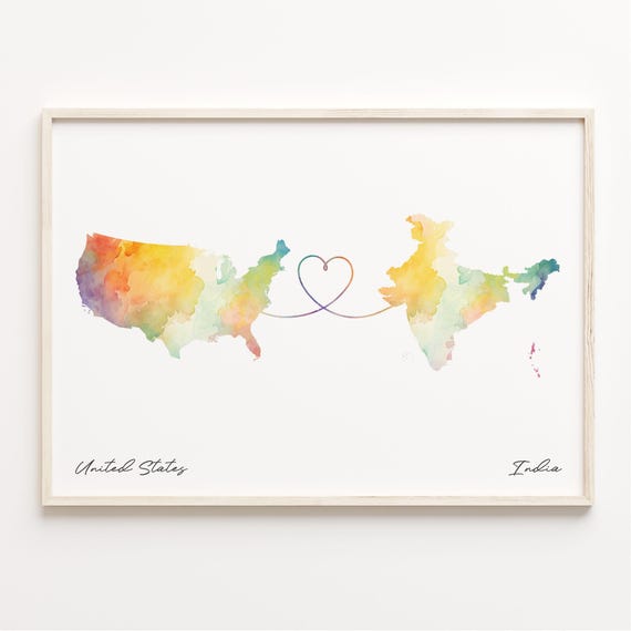 Us To India Watercolor Map Art Print
