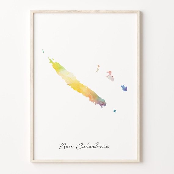 New Caledonia Watercolor Map Script Minimalist Country Wall Art