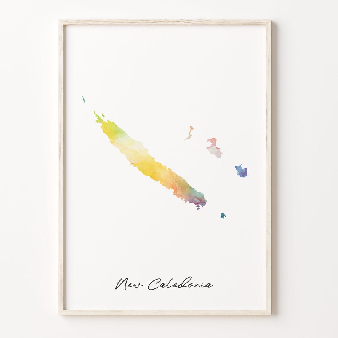 New Caledonia Watercolor Map Script Minimalist Country Wall Art