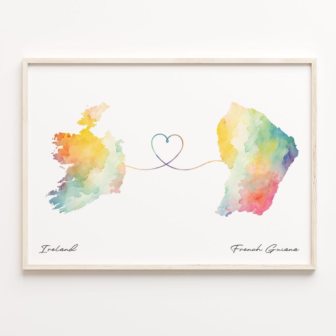 Ireland To French Guiana Watercolor Map Heart Line Keepsake Poster