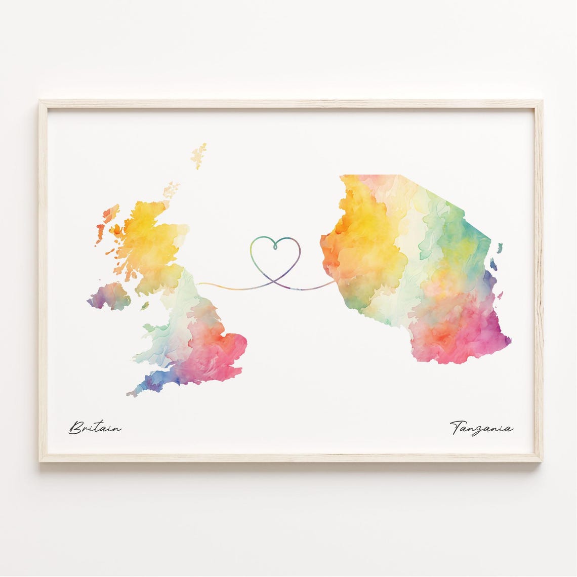 Britain To Tanzania Watercolor Heart Connection Map Decor Art Poster