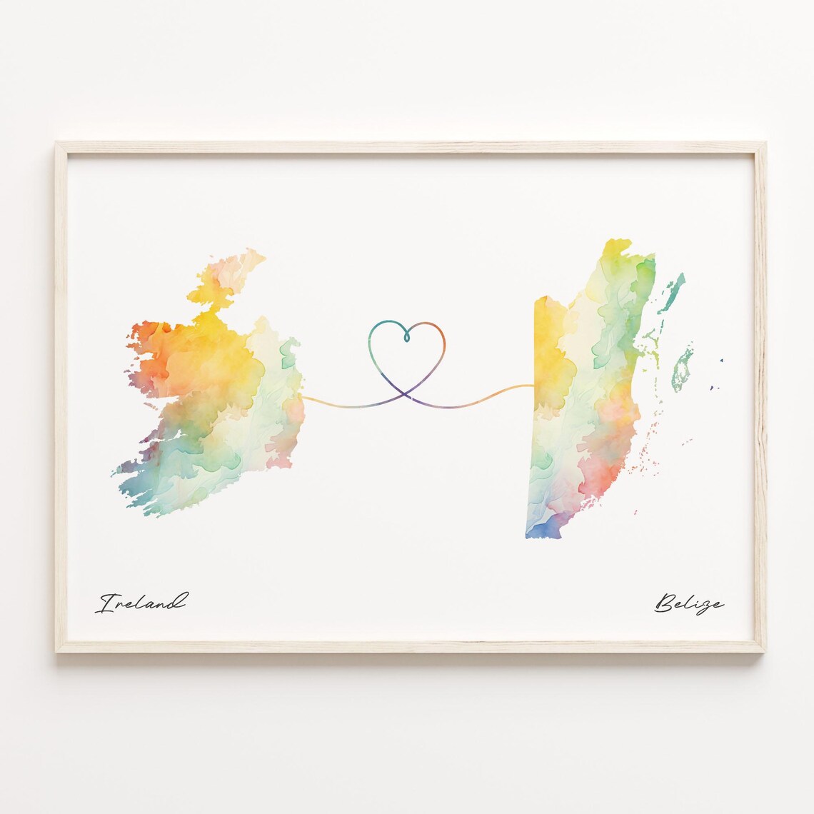 Ireland To Belize Watercolor Map Heart Connection Love Poster