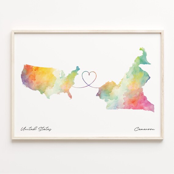 United States To Cameroon Long Distance Watercolor Heart Map Poster