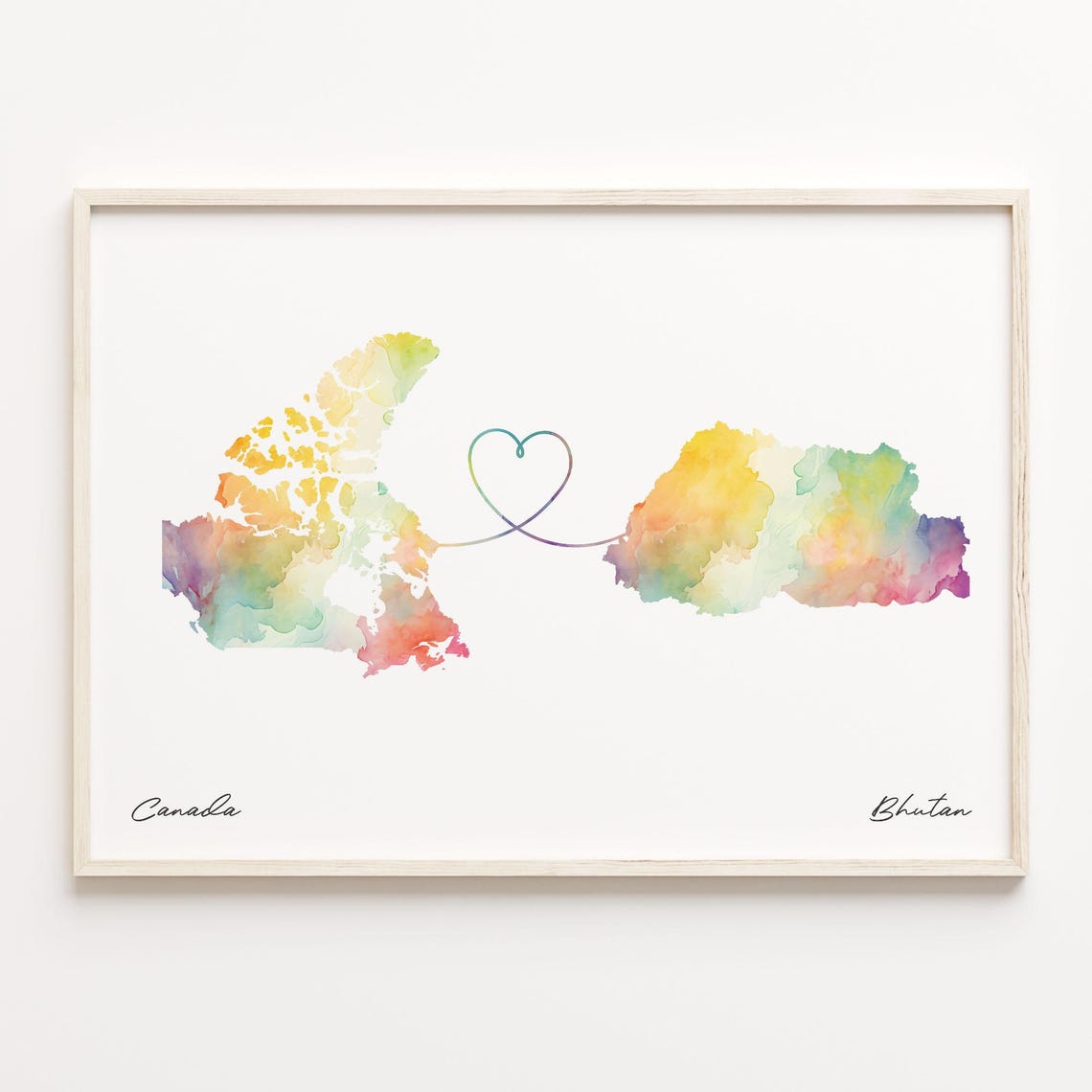 Canada to Bhutan Watercolor Heart Map Long Distance Love Poster