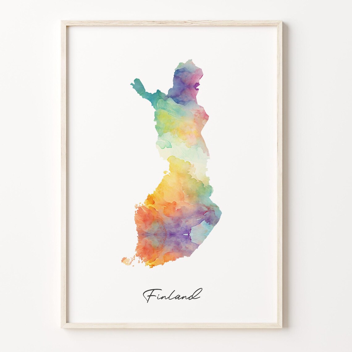 Finland Rainbow Watercolor Map Poster with Hand Lettered Country Script