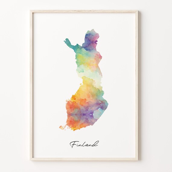 Finland Rainbow Watercolor Map Poster with Hand Lettered Country Script