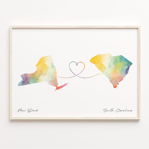 New York To South Carolina Watercolor Map With Heart Design Poster