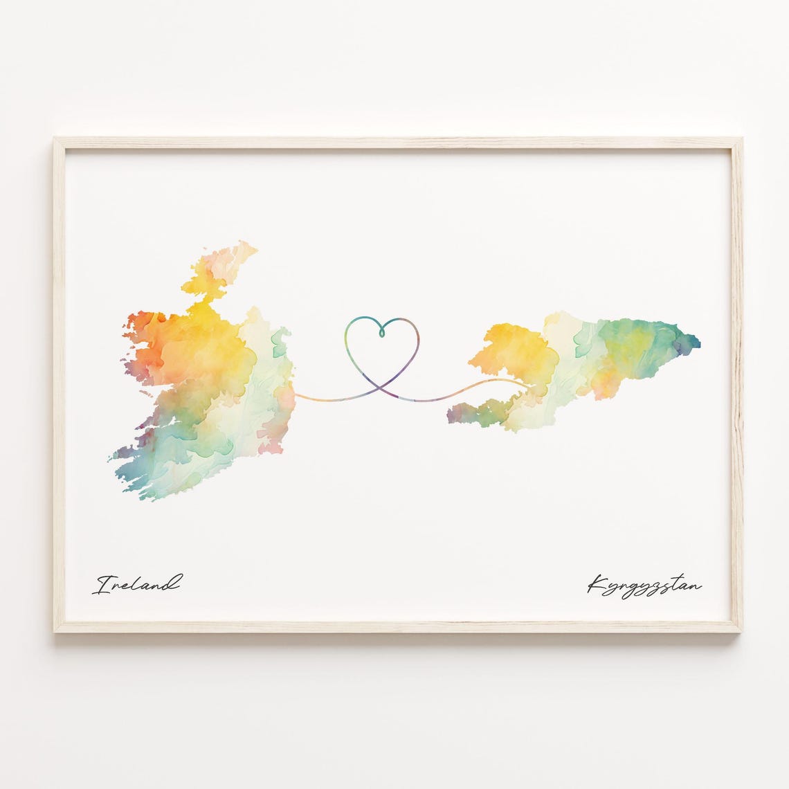 Romantic Ireland And Kyrgyzstan Watercolor Map Heart Art Poster