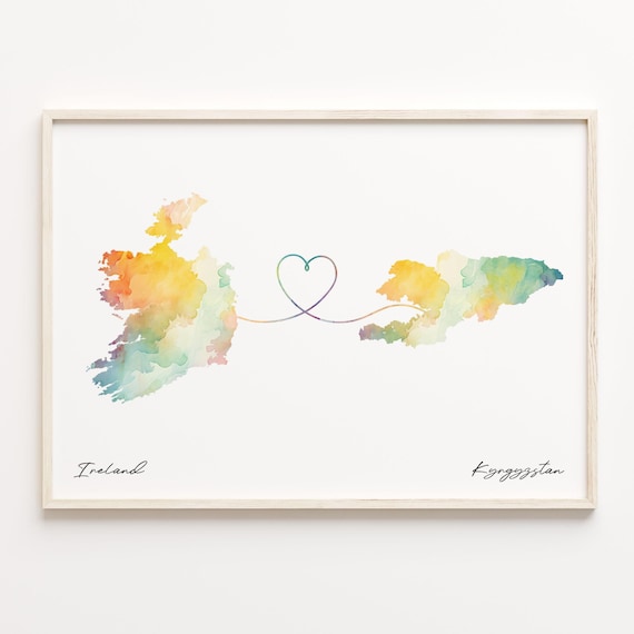 Romantic Ireland And Kyrgyzstan Watercolor Map Heart Art Poster