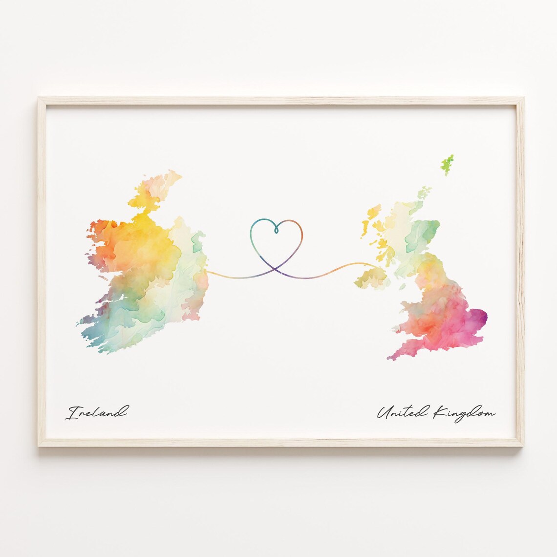 Ireland To United Kingdom Watercolor Heart Map Connection Wall Art