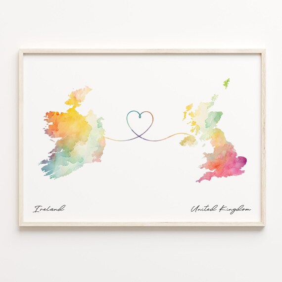 Ireland To United Kingdom Watercolor Heart Map Connection Wall Art