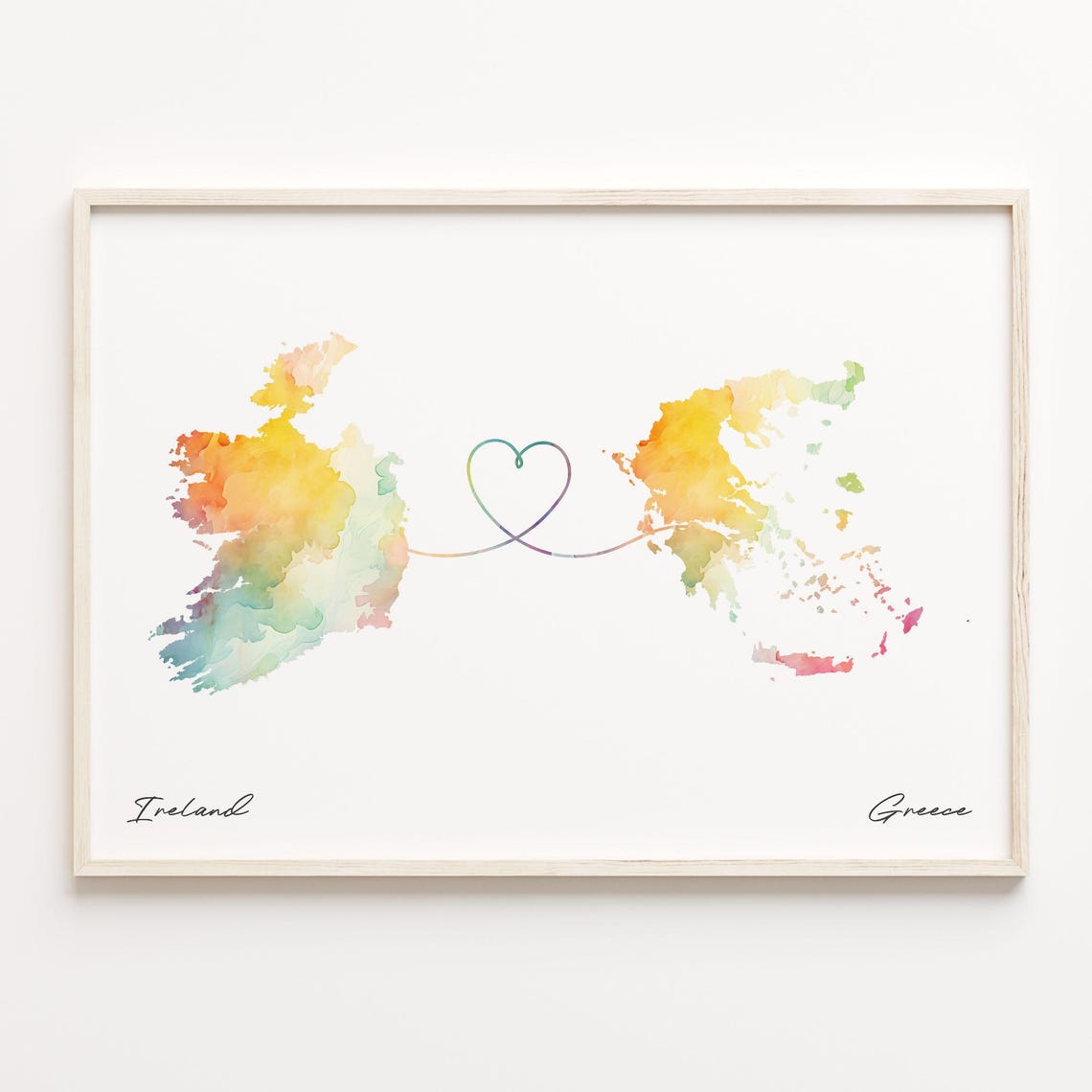 Ireland to Greece Watercolor Heart Map Long Distance Love Print