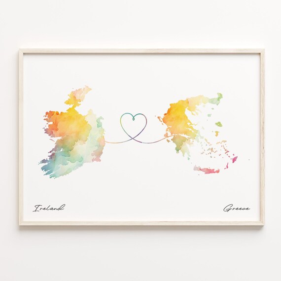 Ireland to Greece Watercolor Heart Map Long Distance Love Print