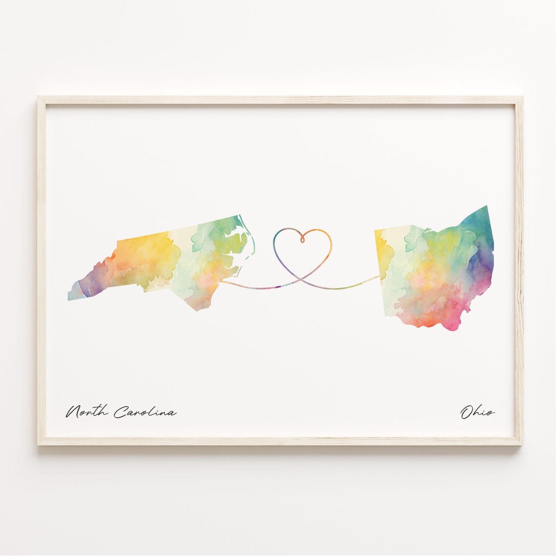 North Carolina To Ohio Watercolor Map Heart Connection Love Poster
