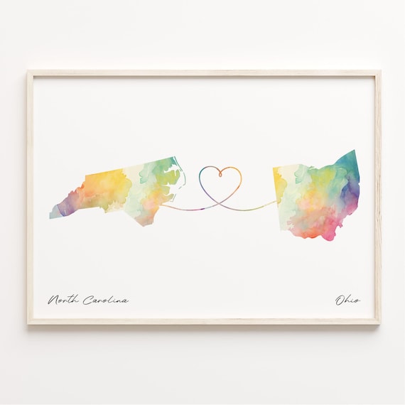 North Carolina To Ohio Watercolor Map Heart Connection Love Poster