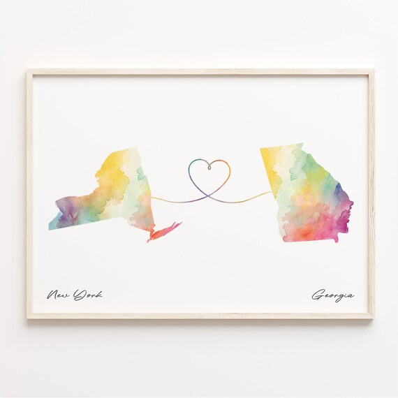 New York Georgia Watercolor Heart Map Long Distance Love Print