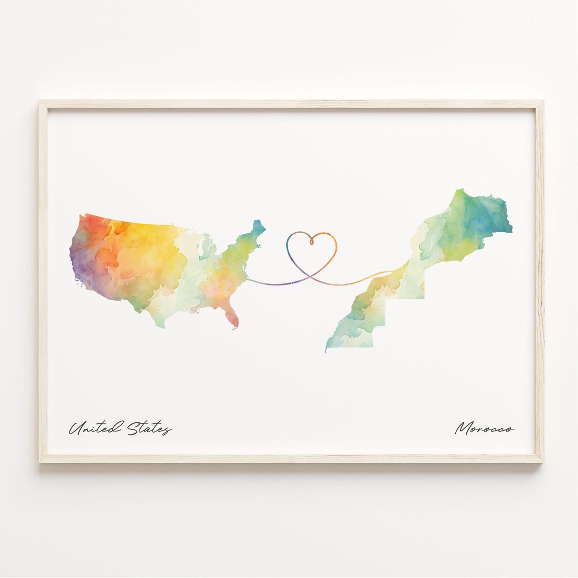 United States to Morocco Watercolor Map Heart Connection Poster