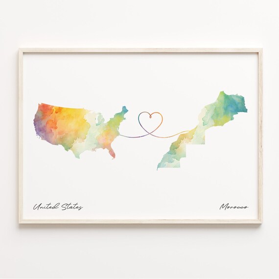 United States to Morocco Watercolor Map Heart Connection Poster