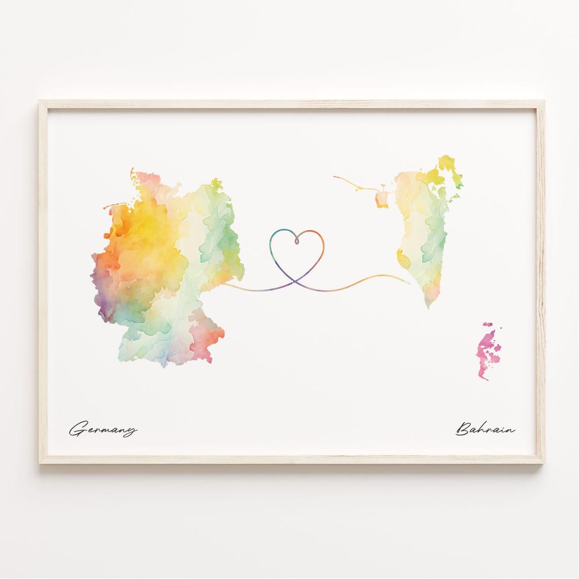 Germany To Bahrain Watercolor Heart Map Long Distance Love Poster