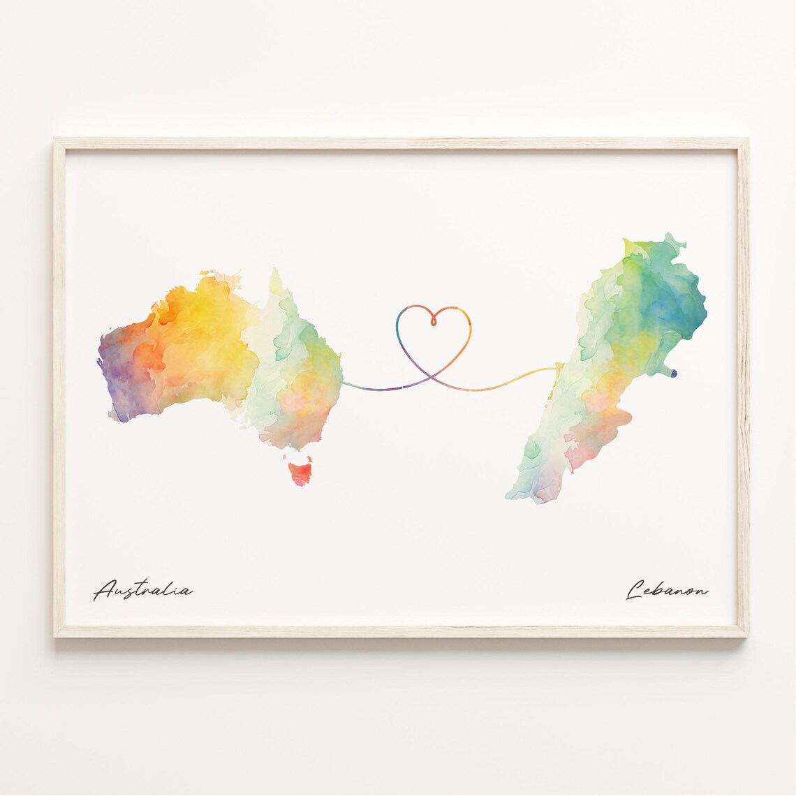 Australia to Lebanon Watercolor Map Long Distance Love Heart Gift Poster
