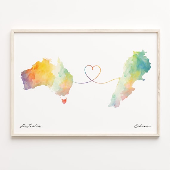Australia to Lebanon Watercolor Map Long Distance Love Heart Gift Poster