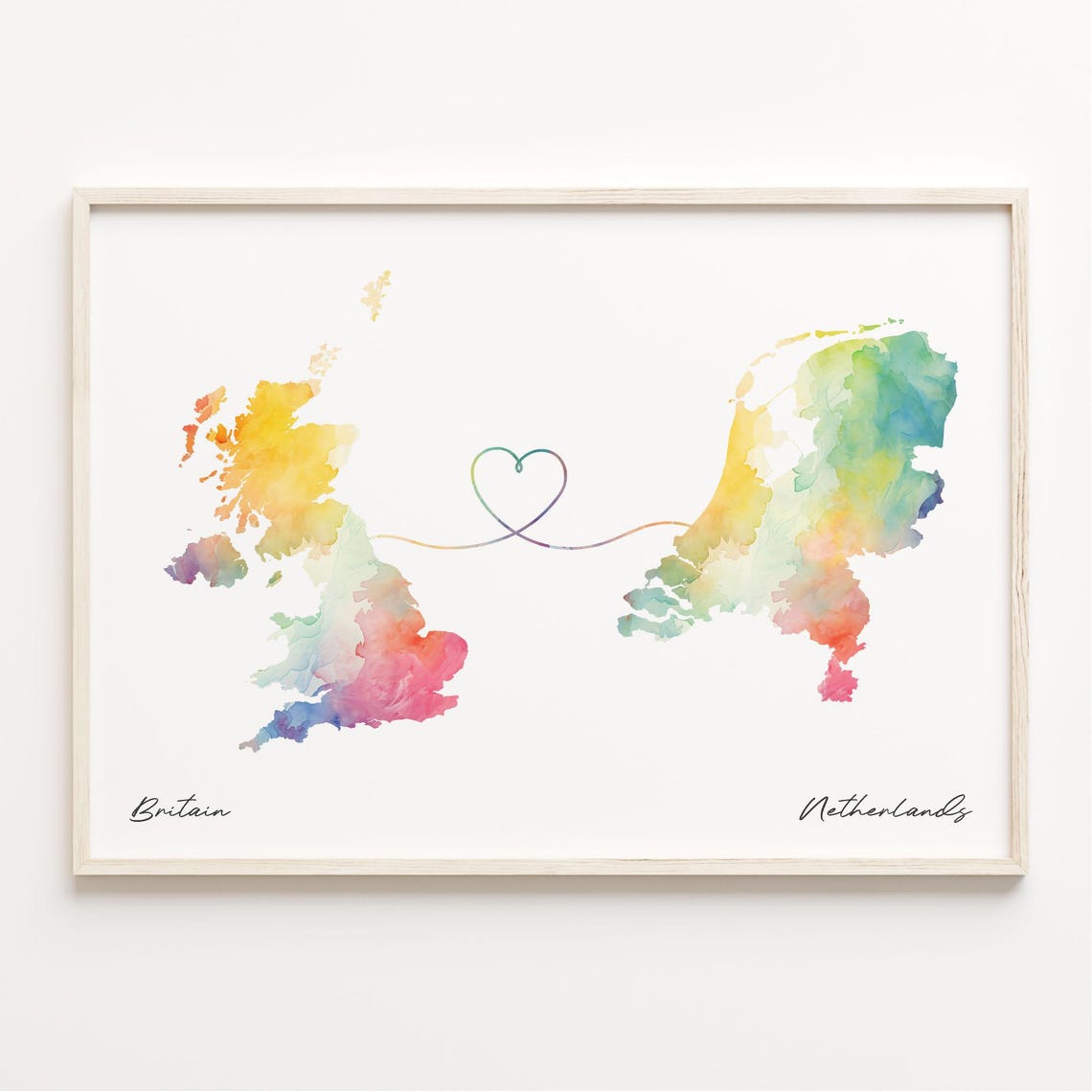 Britain and Netherlands Watercolor Map Heart Connection Poster