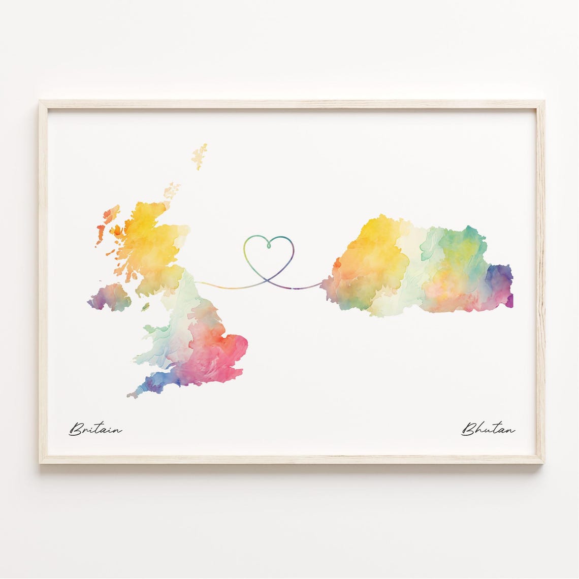 Britain To Bhutan Watercolor Map Heart Connection Love Art Print