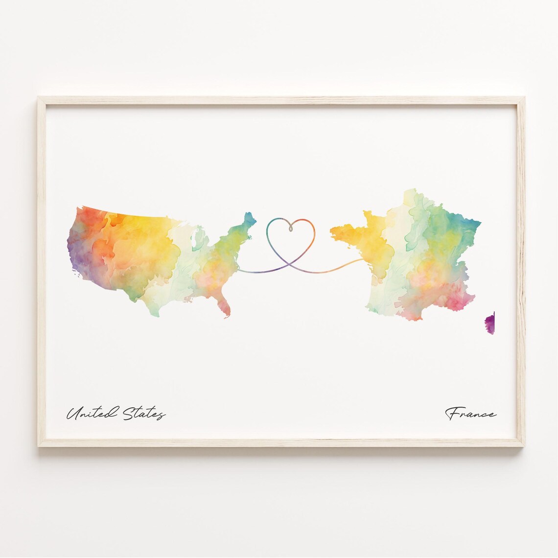 United States To France Watercolor Map Heart Transatlantic Travel Poster