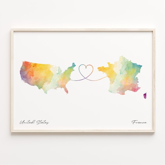 United States To France Watercolor Map Heart Transatlantic Travel Poster