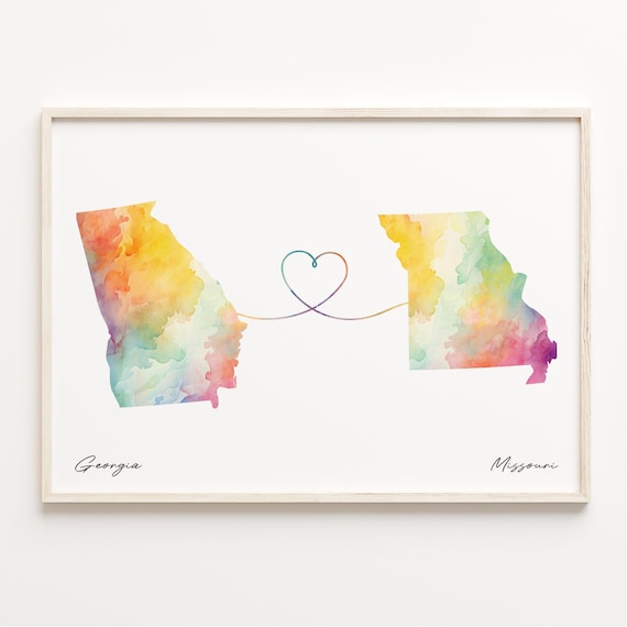 Georgia to Missouri Watercolor State Map Heart Connection Farewell Print