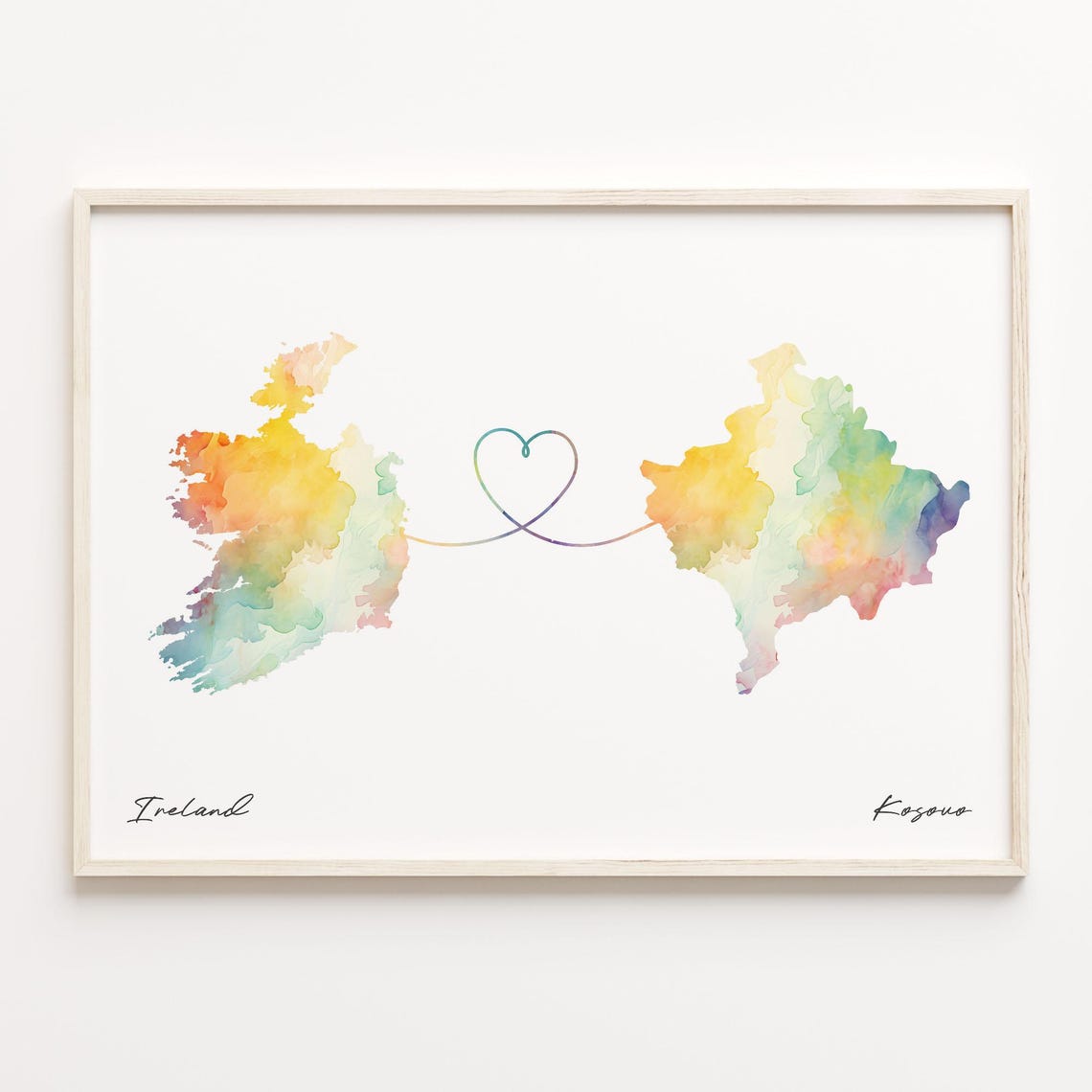 Romantic Ireland And Kosovo Watercolor Map Heart Ribbon Art Poster