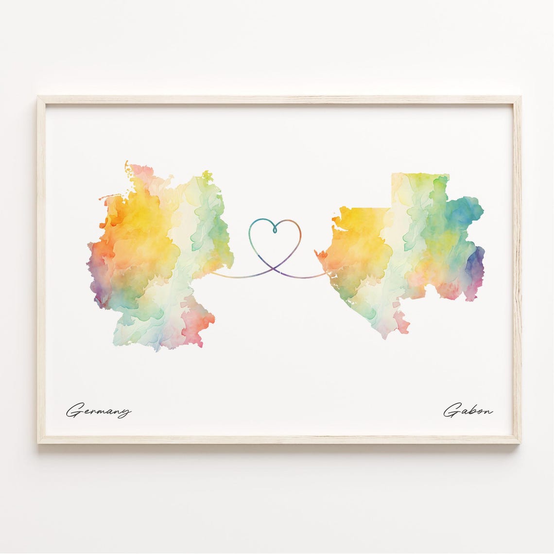Germany To Gabon Watercolor Heart Map Love Connection Poster
