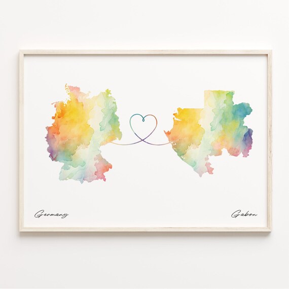 Germany To Gabon Watercolor Heart Map Love Connection Poster