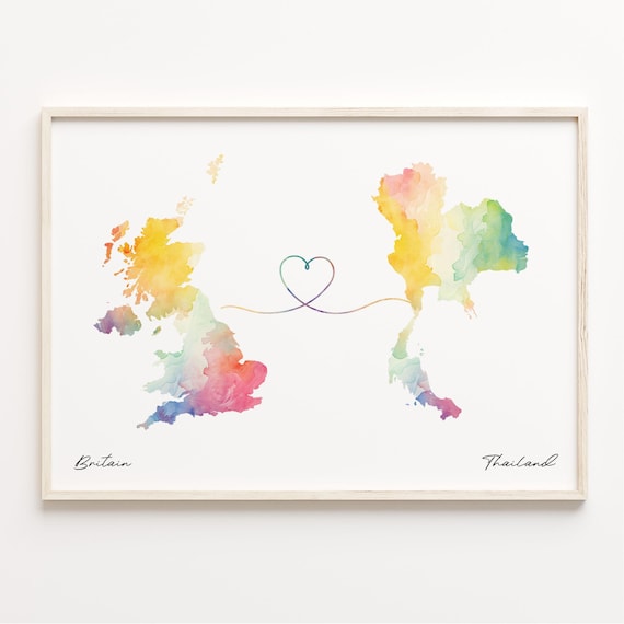Britain To Thailand Watercolor Heart Map Long Distance Love Poster