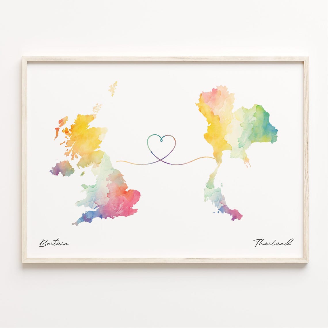 Britain To Thailand Watercolor Heart Map Long Distance Love Poster