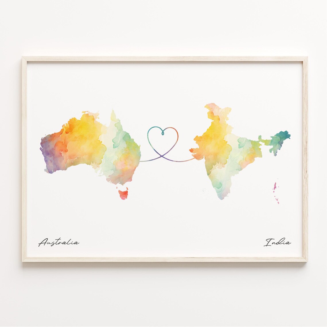 Australia To India Watercolor Long Distance Heart Map Art Poster