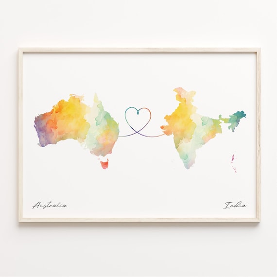 Australia To India Watercolor Long Distance Heart Map Art Poster