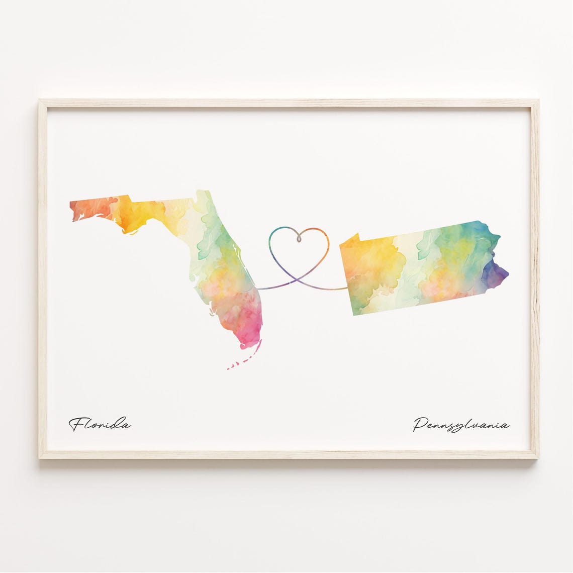 Florida to Pennsylvania Watercolor Map Heart Connection Wall Art