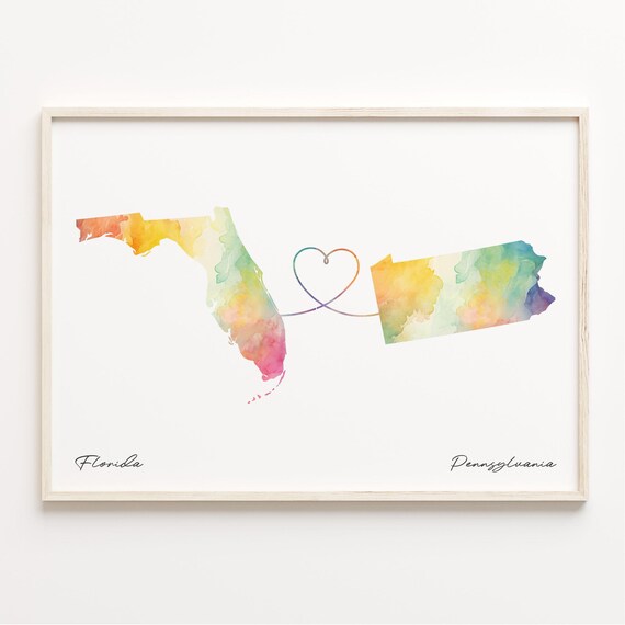 Florida to Pennsylvania Watercolor Map Heart Connection Wall Art