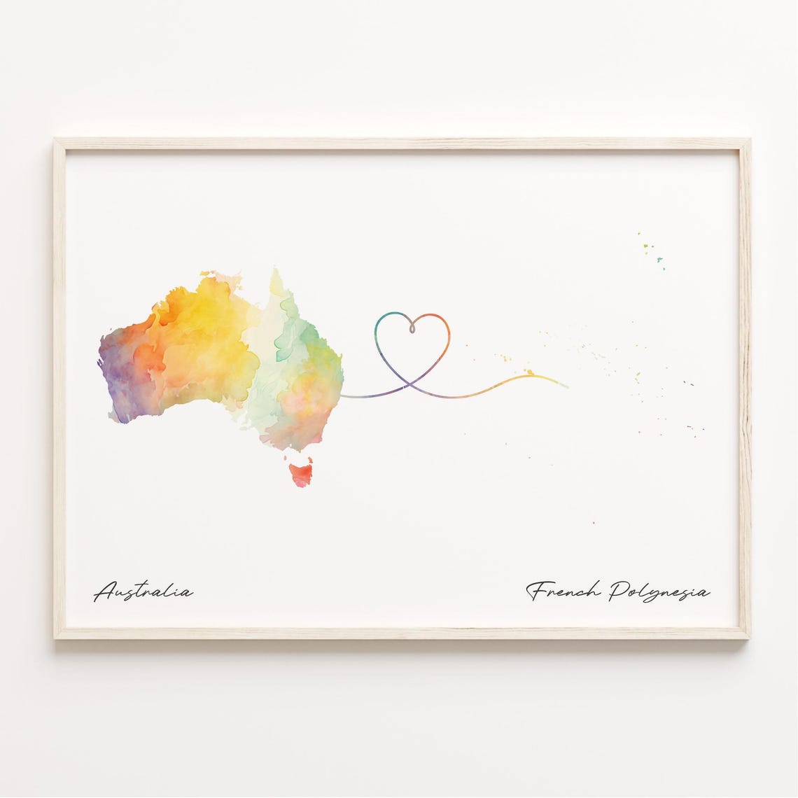 Australia To French Polynesia Watercolor Map Heart Love Poster