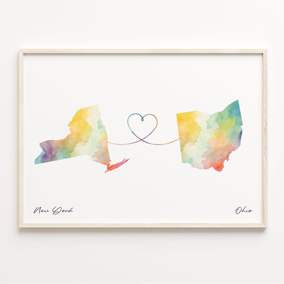 New York To Ohio Watercolor Map Heart Love Story Gift Poster