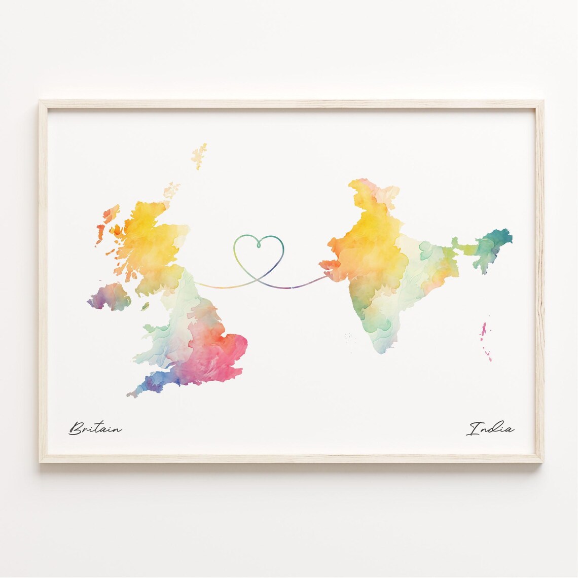 UK to India Watercolor Map Travel Poster