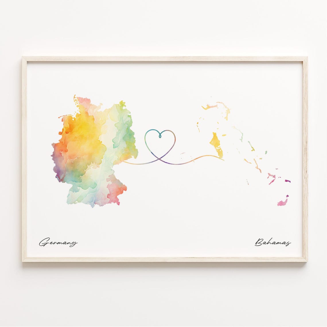 Germany to Bahamas Watercolor Map Heart Connection Art Poster