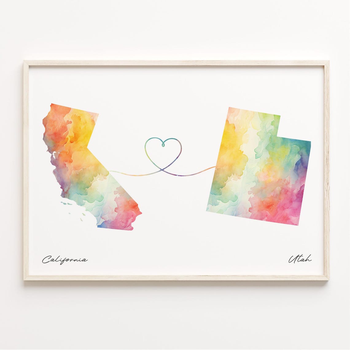 California to Utah Watercolor Map Heart Long Distance Gift Poster