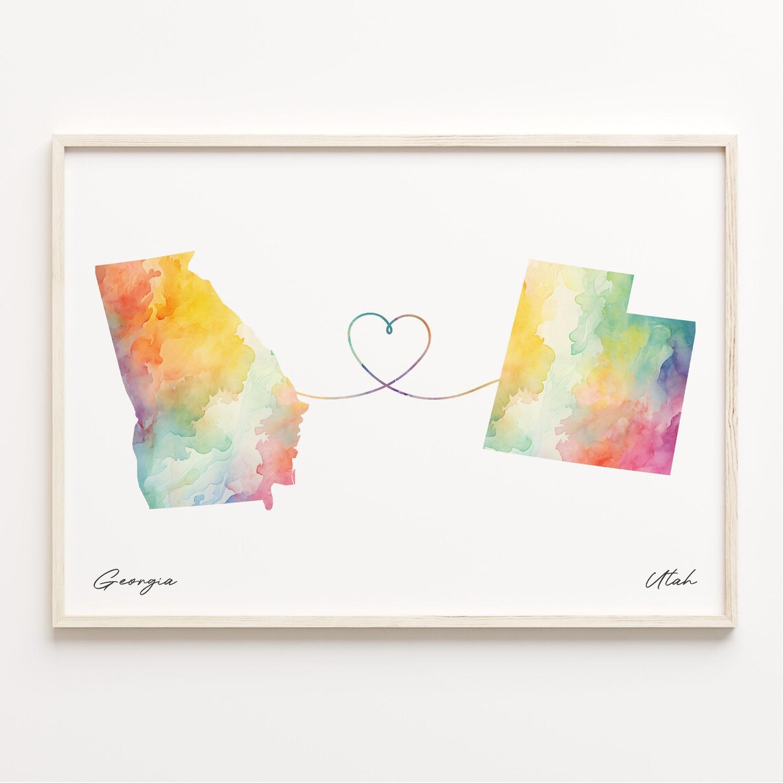 Georgia To Utah Heart Map Watercolor Long Distance Travel Poster