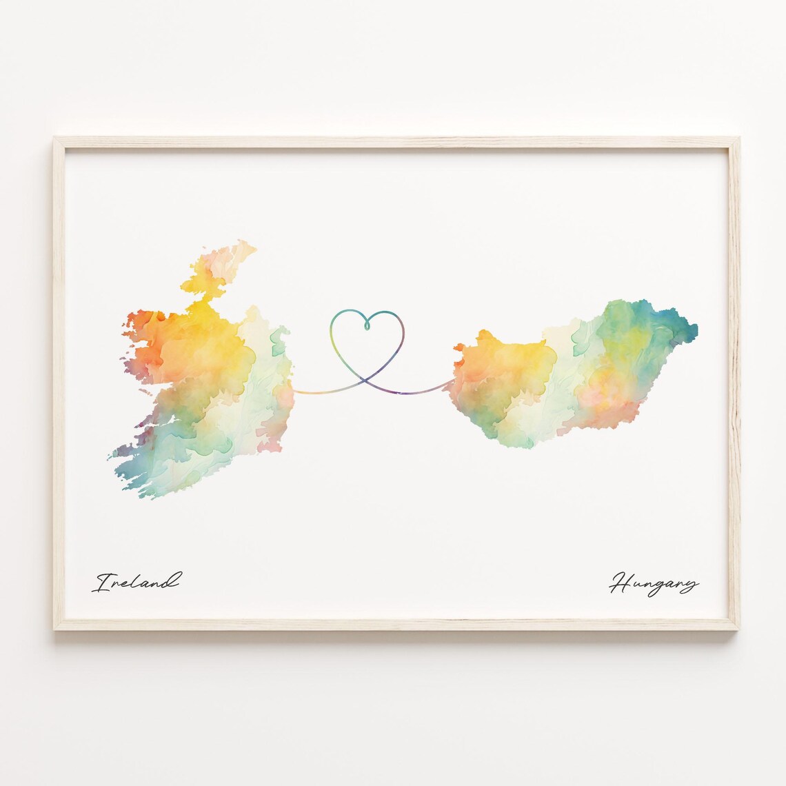 Ireland to Hungary Watercolor Heart Map Long Distance Love Print