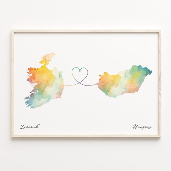 Ireland to Hungary Watercolor Heart Map Long Distance Love Print